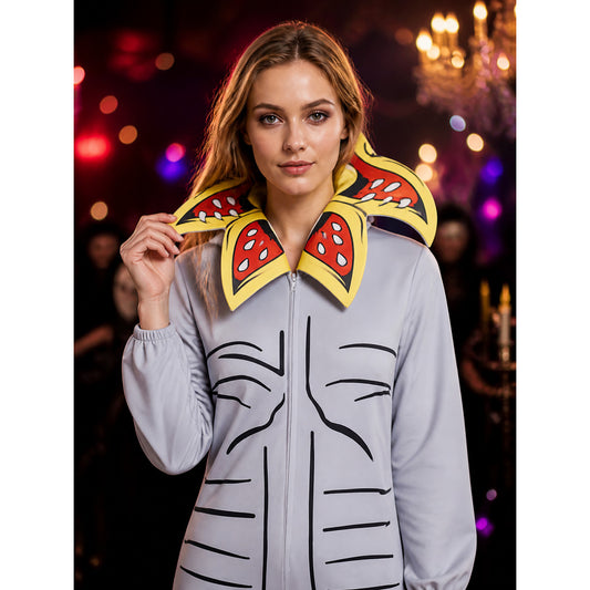 Hooded Carnivorous Plant Cosplay Bodysuit Costume with Flower Collar and Petals on-model view