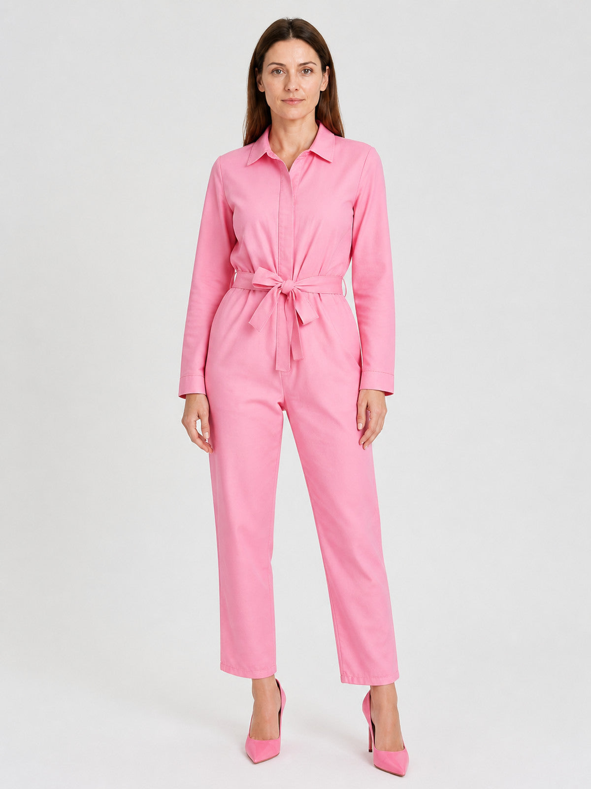 Pink Barbie-Style Jumpsuit with Notched Collar on-model view