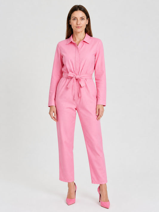 Pink Barbie-Style Jumpsuit with Notched Collar on-model view