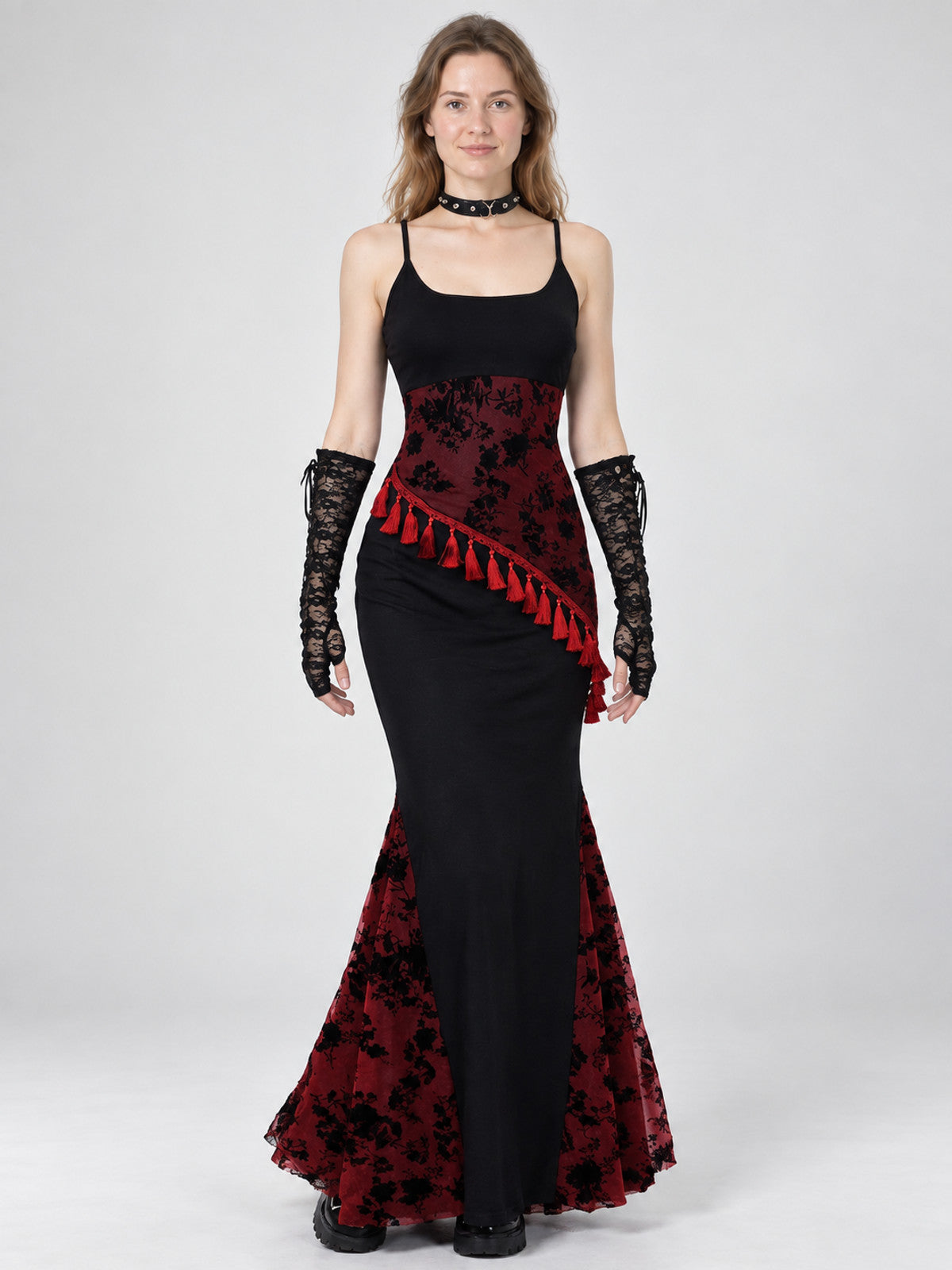 Gothic Black and Red Maxi Dress with Fringe