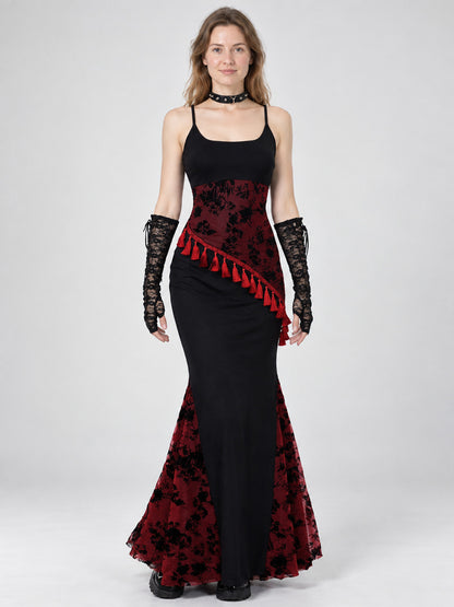 Gothic Black and Red Maxi Dress with Fringe