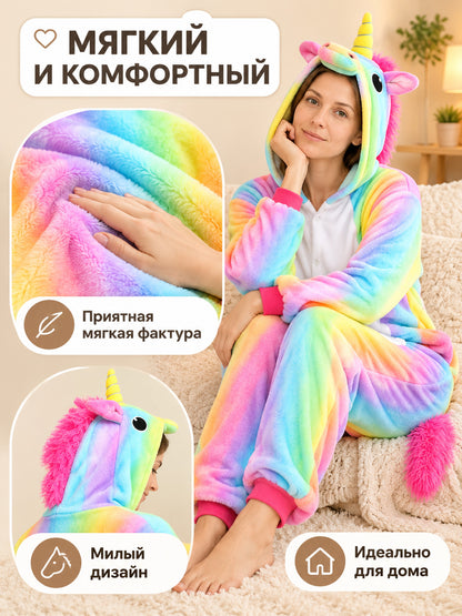 Flannel Rainbow Hooded and Tailed Jumpsuit Pajama