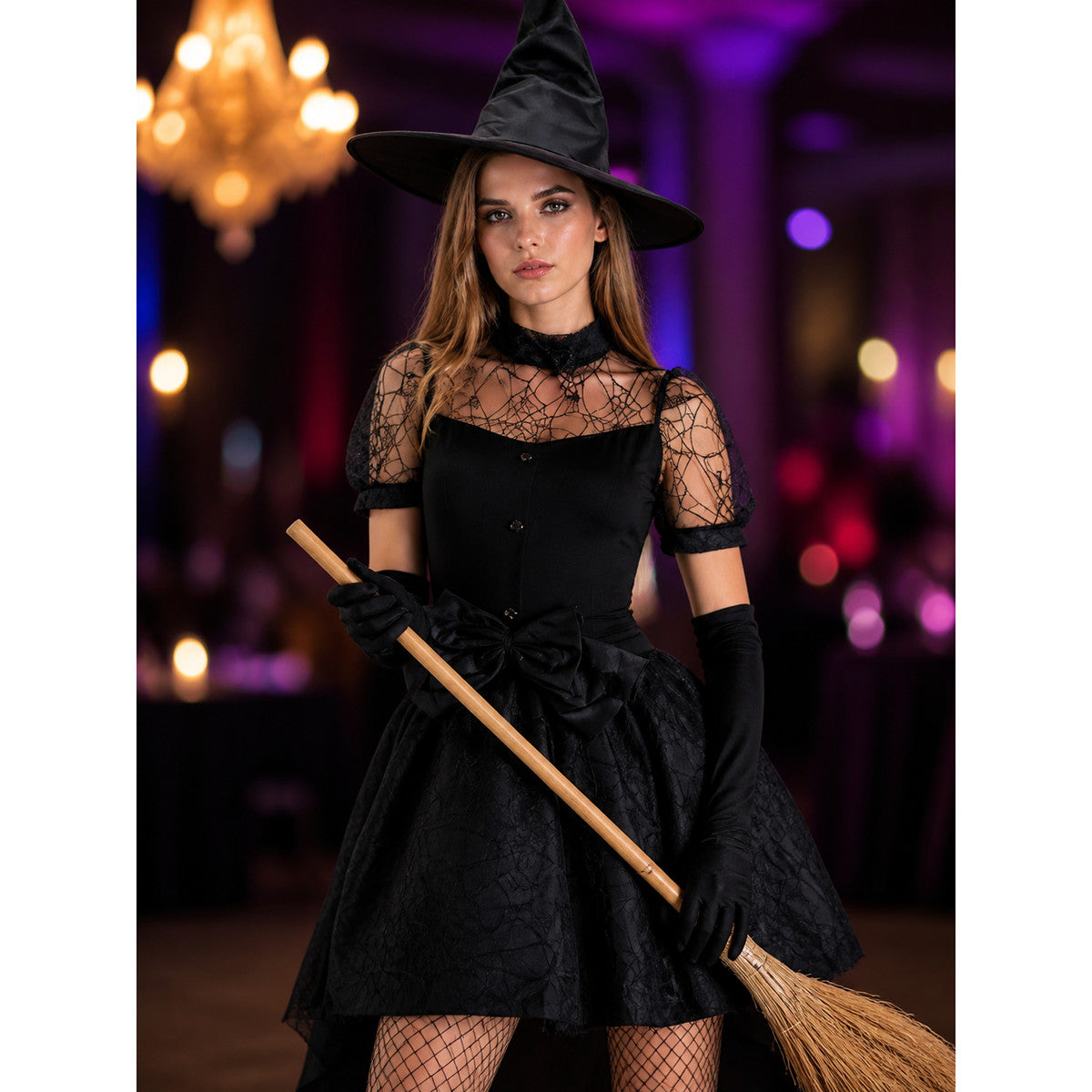 Black Witch Costume Set with Lace Mesh Dress, Pointed Hat and Long Gloves on-model view