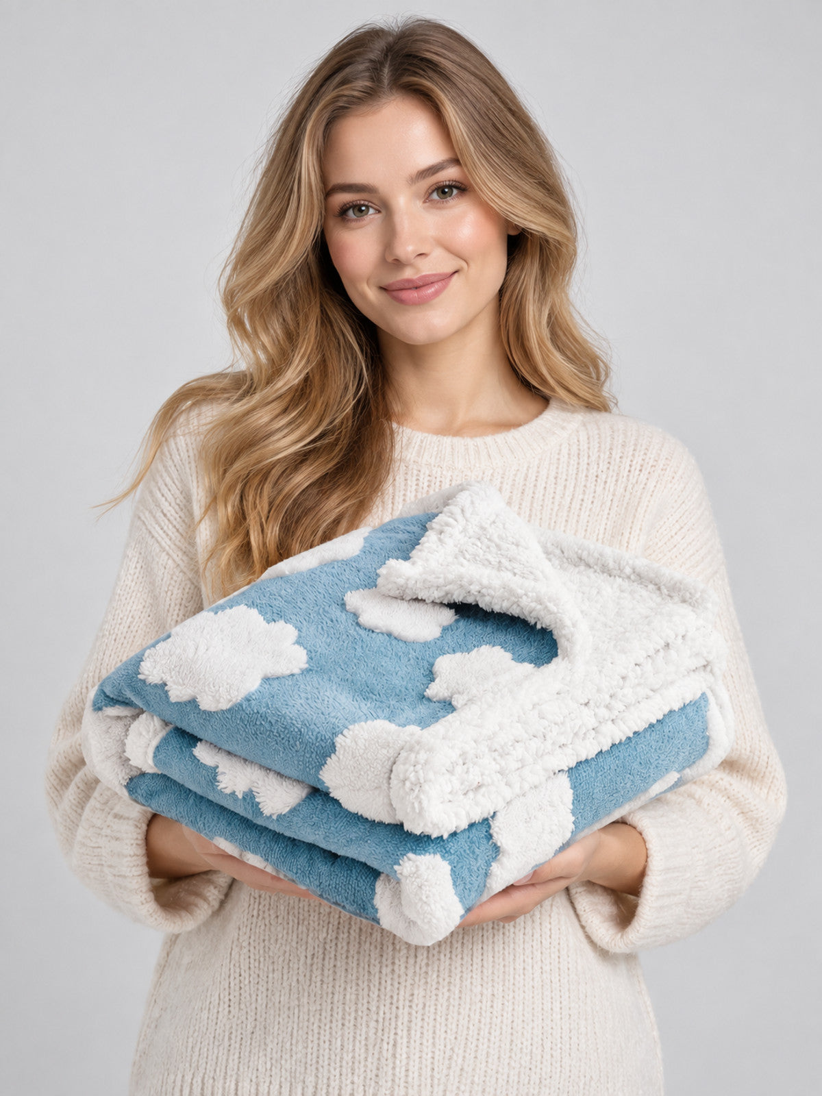 Blue Pet Blanket with White Clouds on-model view