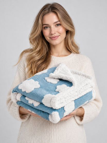 Blue Pet Blanket with White Clouds on-model view