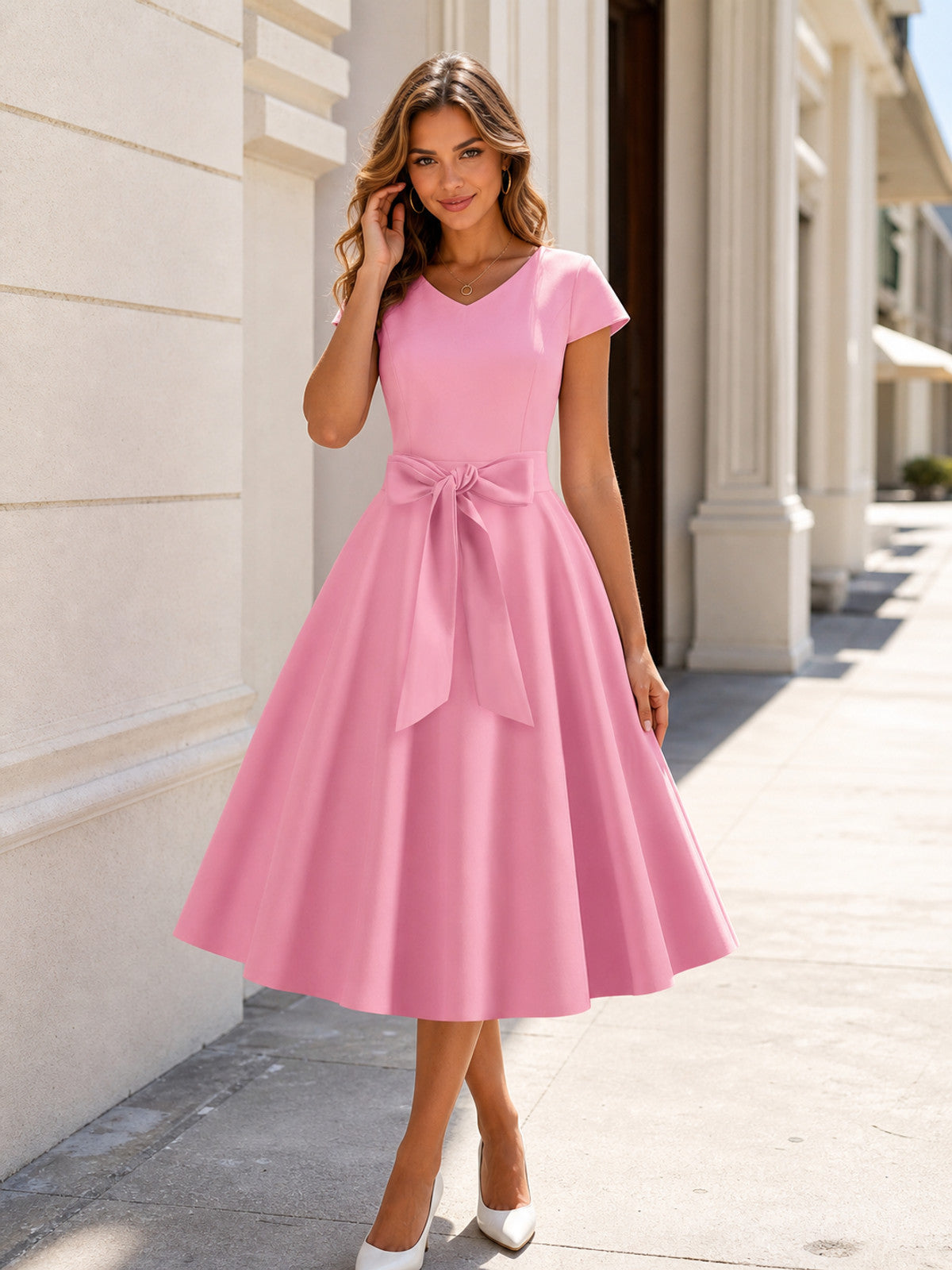 Pink dress in a solid color with short sleeves, a V-neckline, a fitted main product view