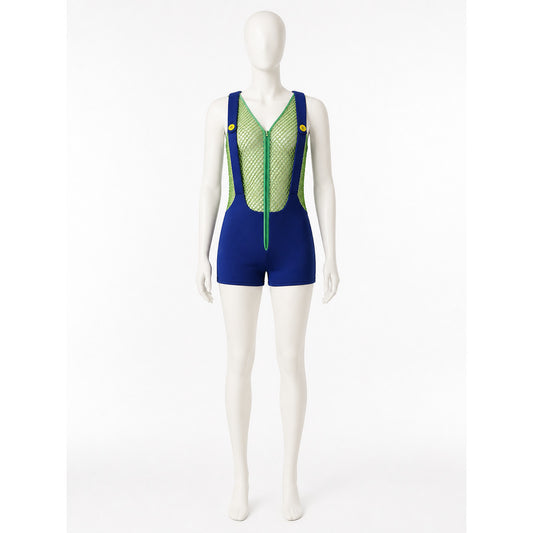 Sexy Green Mesh Bodysuit Costume with Blue Overalls and Cap, Halloween Outfit on-model view