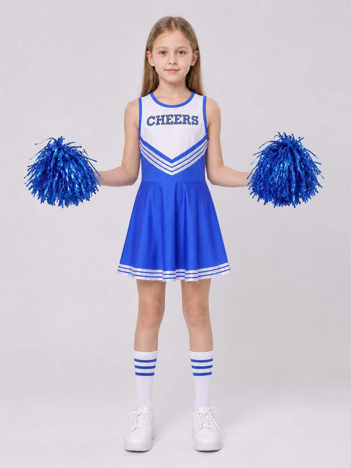 Children’s blue and white cheerleading costume with pom-poms