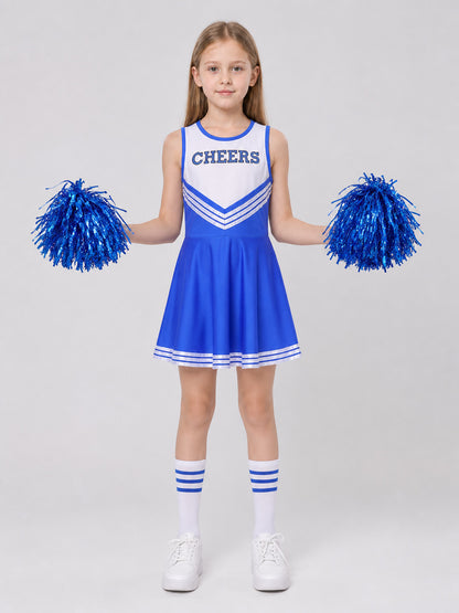 Children’s blue and white cheerleading costume with pom-poms