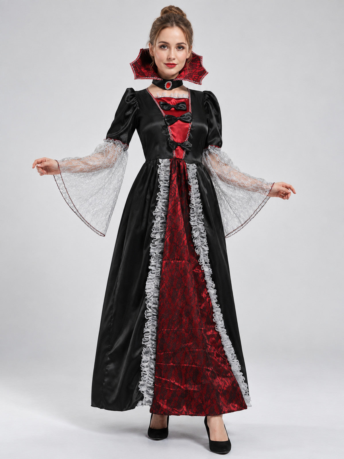 Carnival Costume with a High Collar and Red Insert on-model view