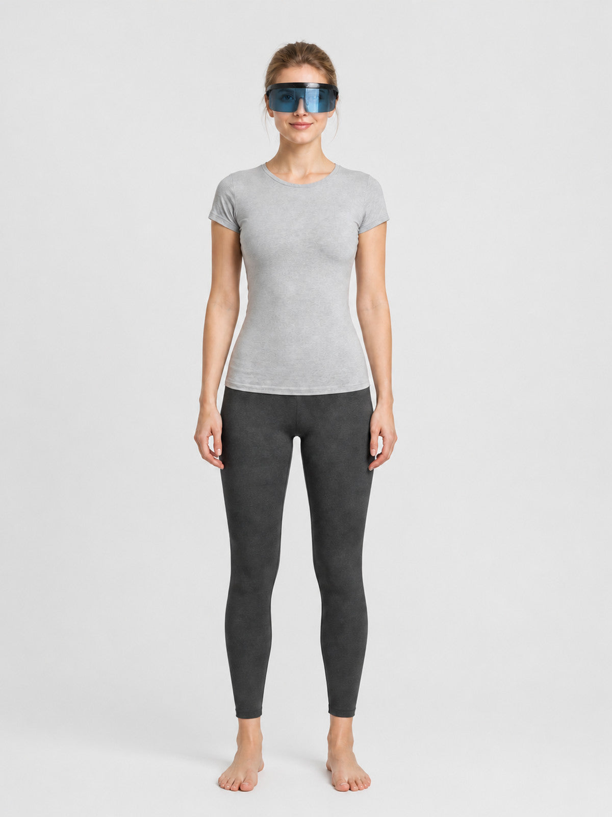 Futuristic Glasses with a Wide Blue Lens on-model view