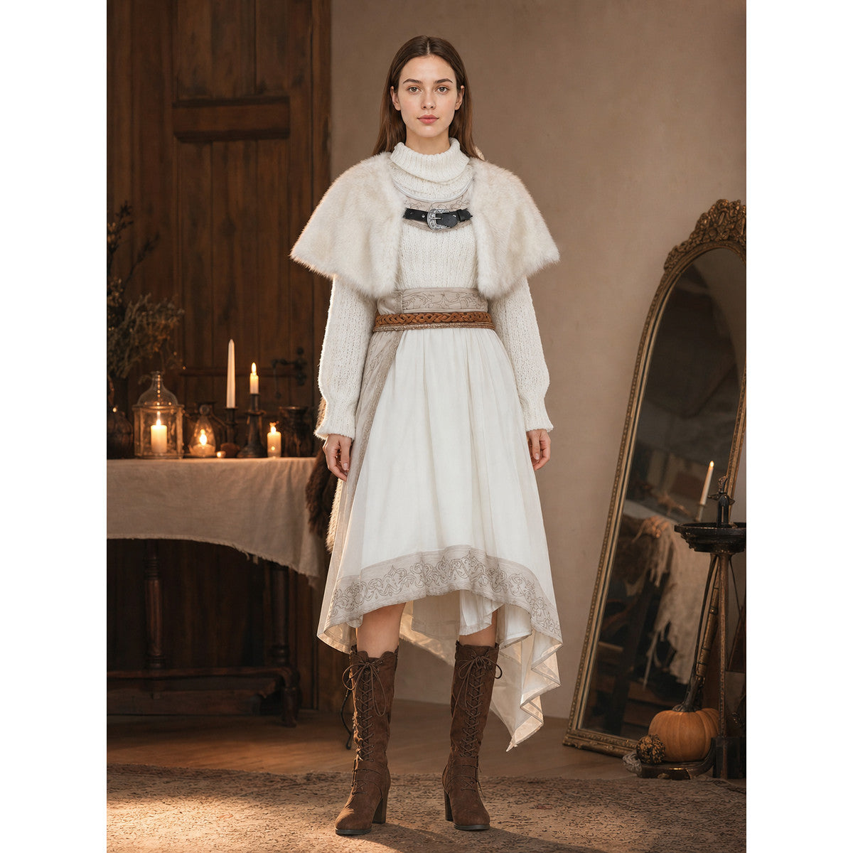 White Fantasy Character Style Shawl, Single-Piece Wide Shoulder Wrap With Fluffy Plush-Look Edges, Dramatic Dress-Up Accessory