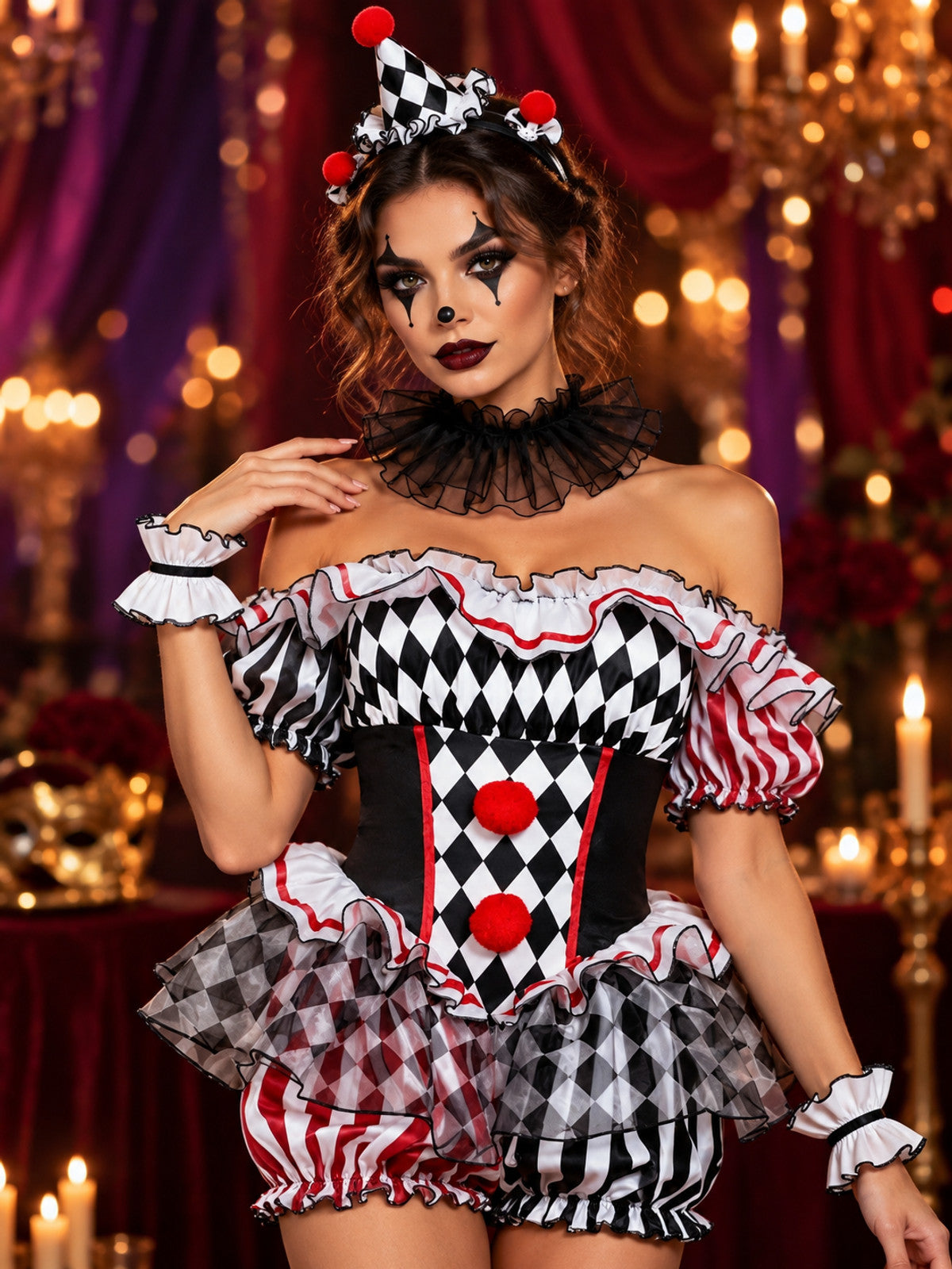 Clown Costume with Jumpsuit, Skirt, and Pom-Poms