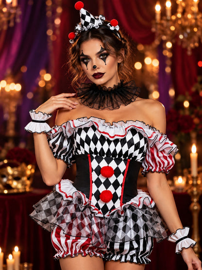 Clown Costume with Jumpsuit, Skirt, and Pom-Poms
