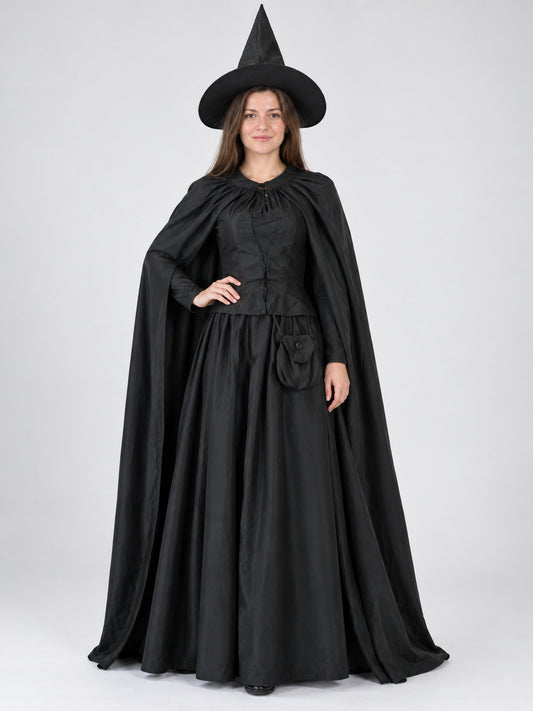 Black Witch Costume with Dress, Cape, and Hat