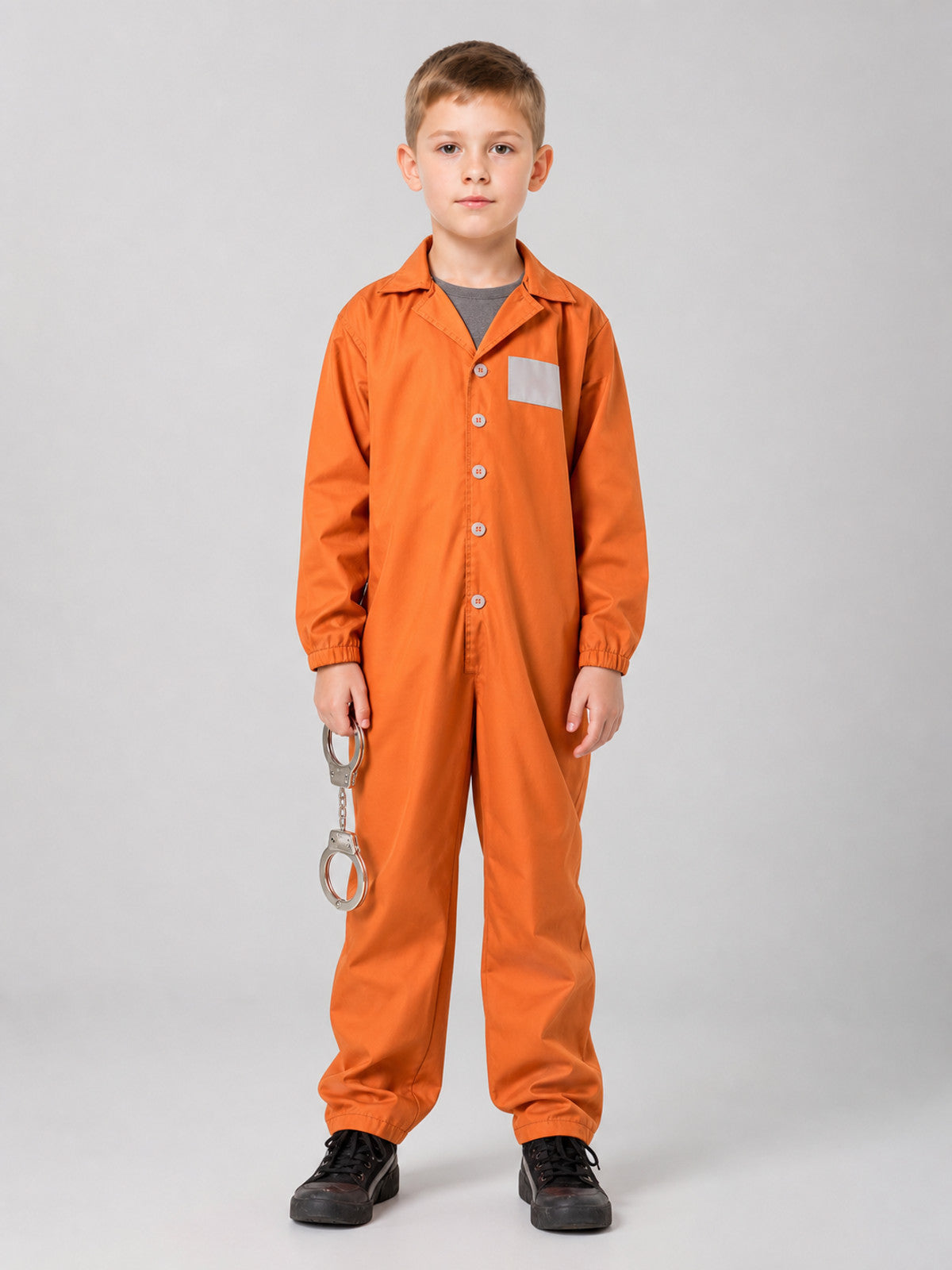 Front view of an orange one-piece jumpsuit on a child, with a gray chest patch, button closure, elastic cuffs, and metal handcuffs