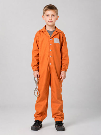 Front view of an orange one-piece jumpsuit on a child, with a gray chest patch, button closure, elastic cuffs, and metal handcuffs