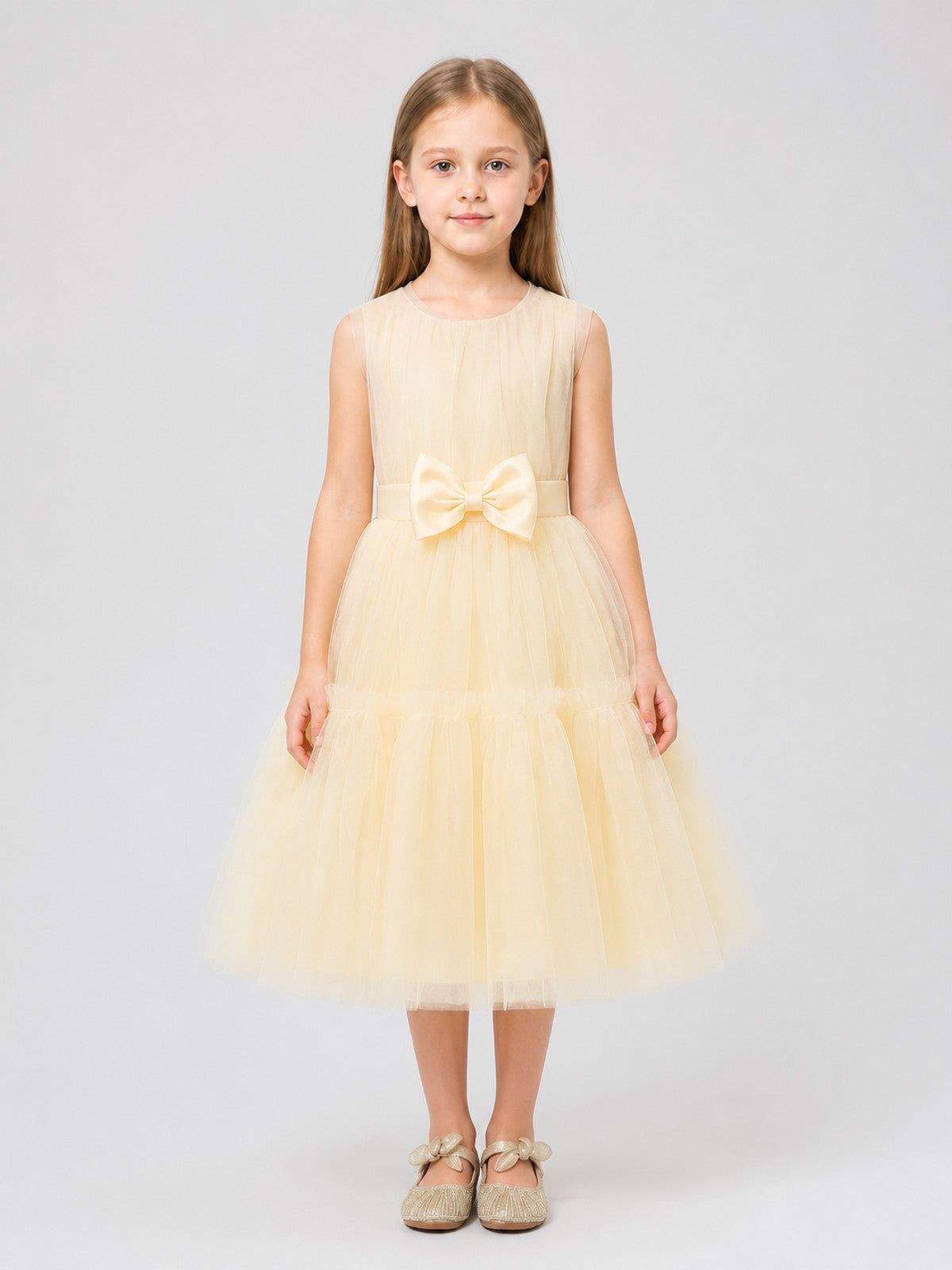 Full Champagne Mesh Dress with Bow on-model view