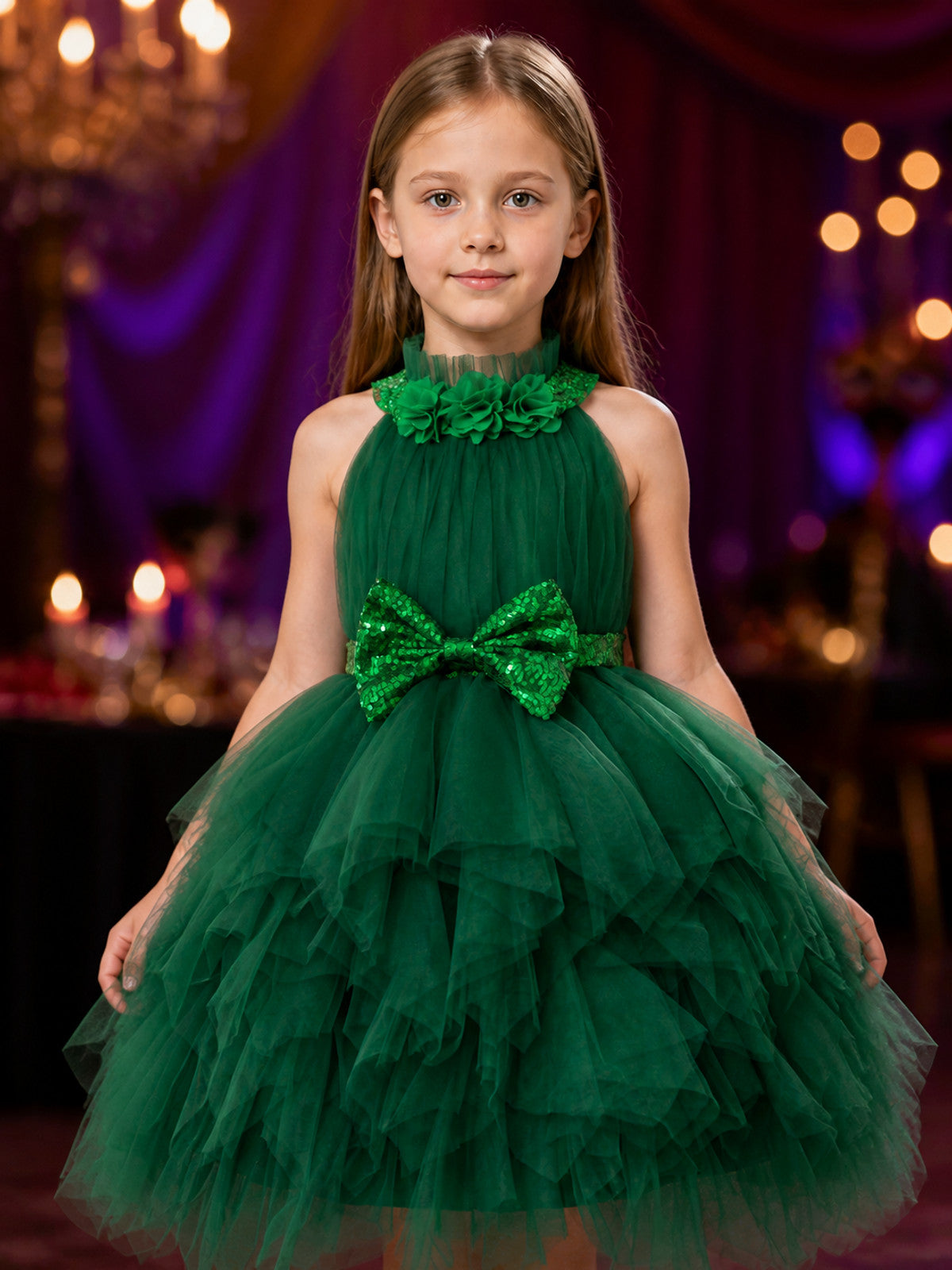 Girls' Christmas Princess Dress, Dark Green Sequined Bow, Layered Tulle Skirt on-model view