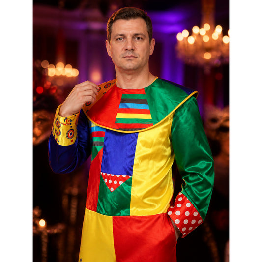 Unisex Adult Clown Jumpsuit Costume, Multicolor Geometric Patchwork, Halloween on-model view