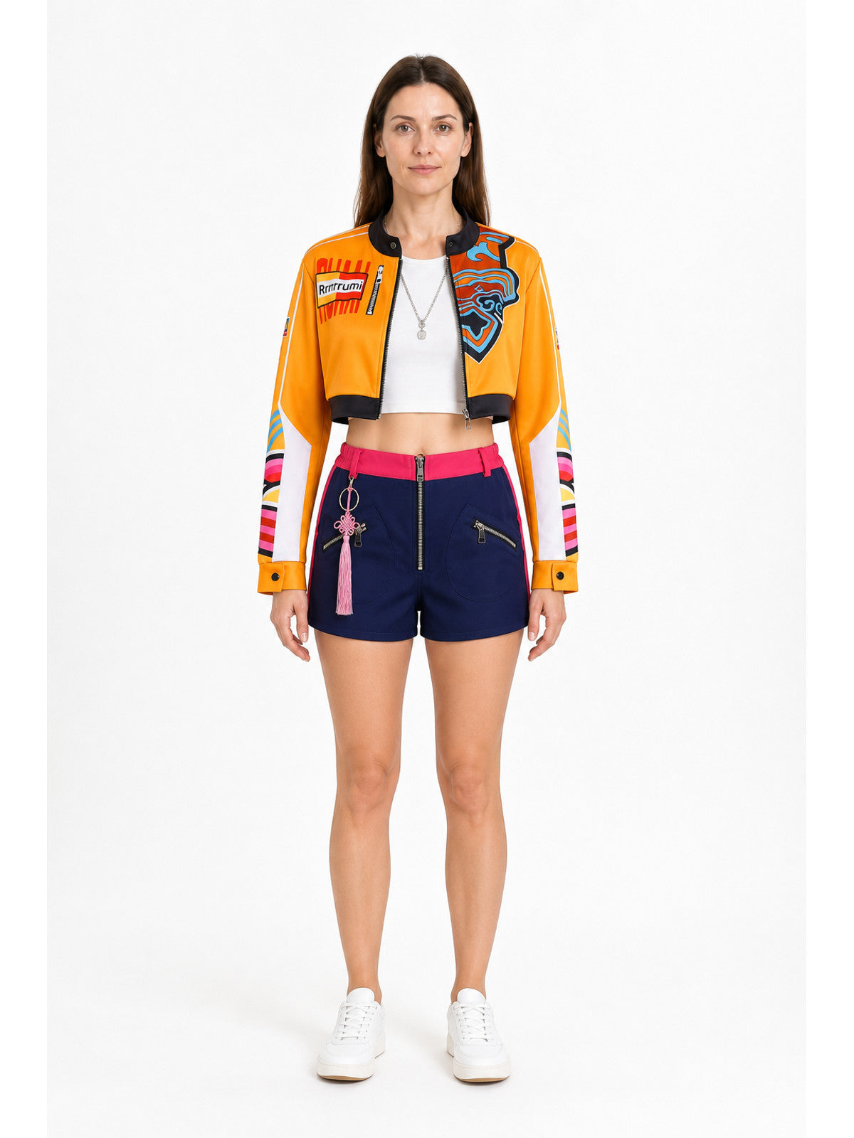 Rumi Cosplay Costume with Orange Jacket and Blue Shorts main product view