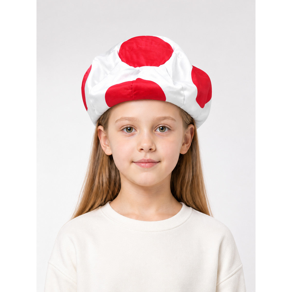 This hat is designed in the style of a mushroom character and is suitable for creating a themed look for costume events, Halloween, stage performances, and photo shoots. The model has a distinctive low, rounded shape with a domed top that r