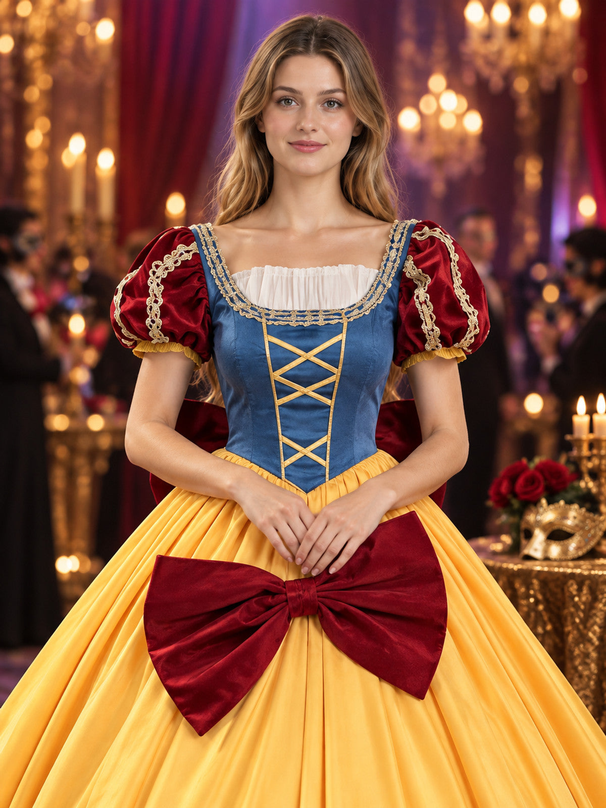 Princess costume with a puffy dress, bow, and crinoline
