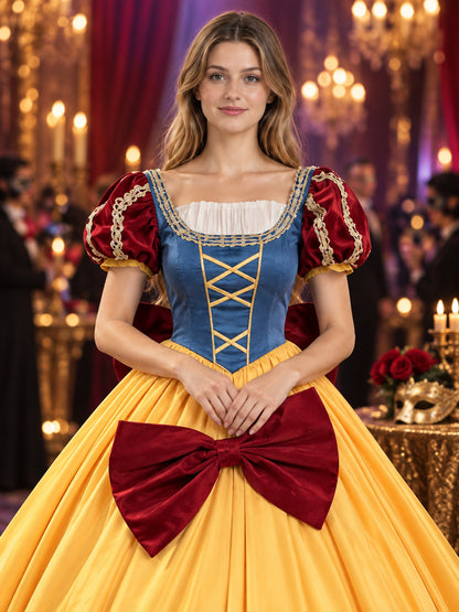 Princess costume with a puffy dress, bow, and crinoline