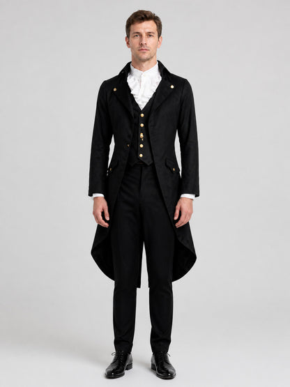 Black elongated tailcoat in Gothic style with lapels on-model view