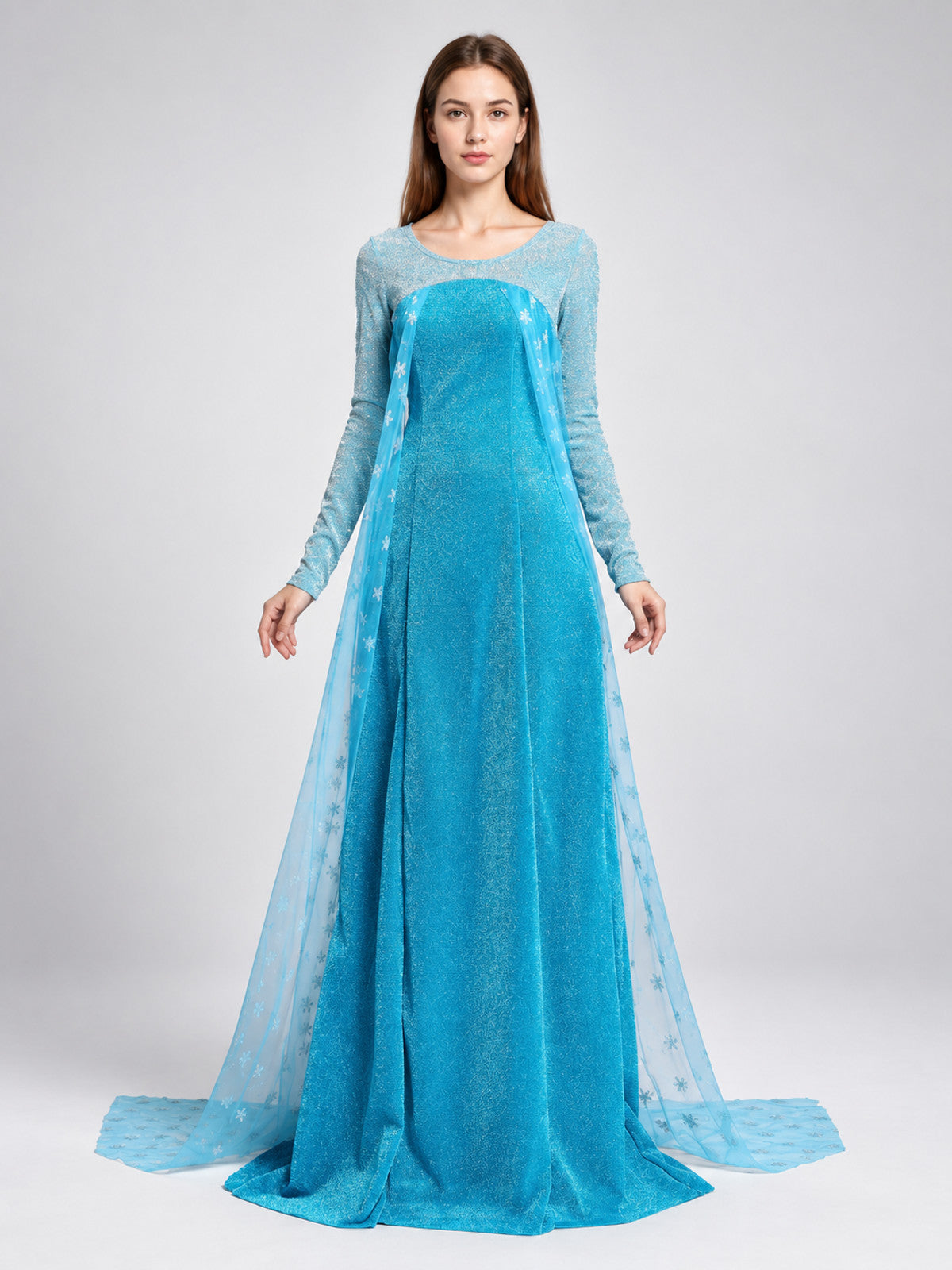 Turquoise Floor-Length Dress with Translucent Panels on-model view