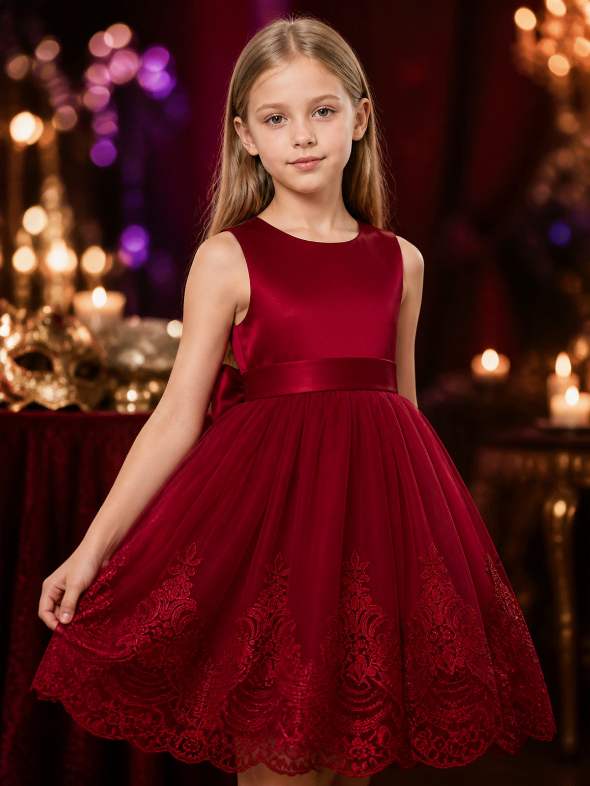 Girls' Burgundy Princess Dress with Lace Train, Layered Tulle Skirt and Waist on-model view