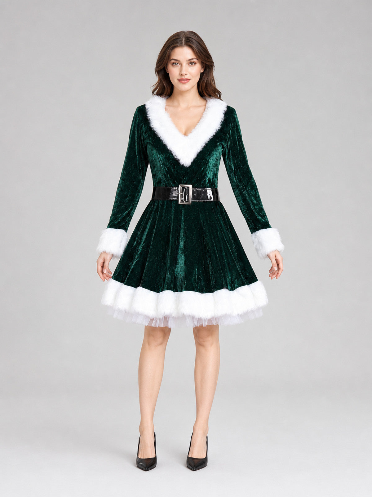 Christmas Dress with Hood and Decorative Belt front view