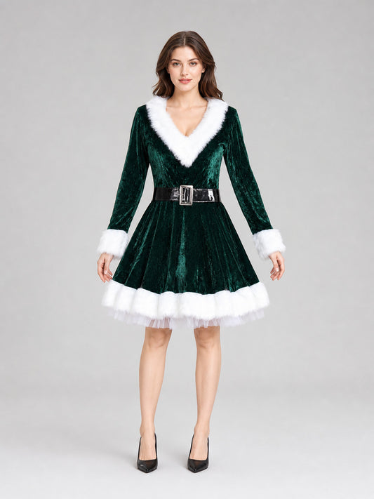 Christmas Dress with Hood and Decorative Belt front view
