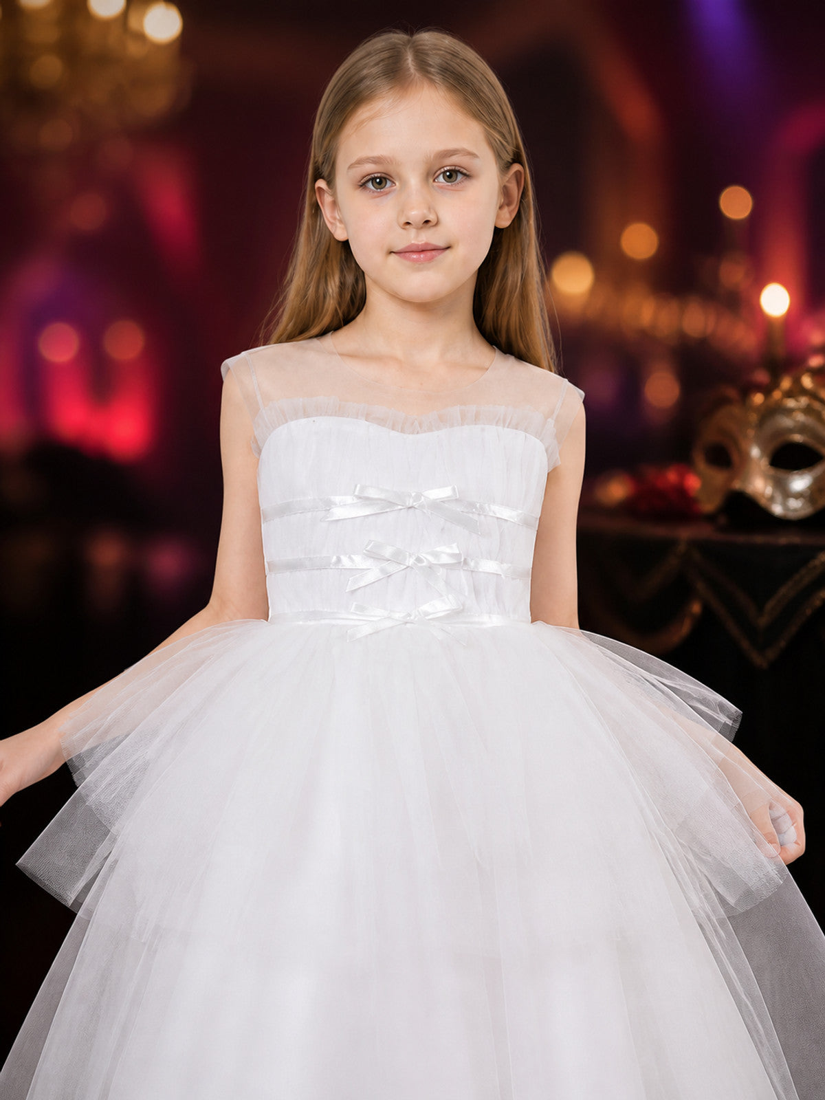 Girls' White Princess Dress, Sleeveless Layered Tulle Floor-Length Gown