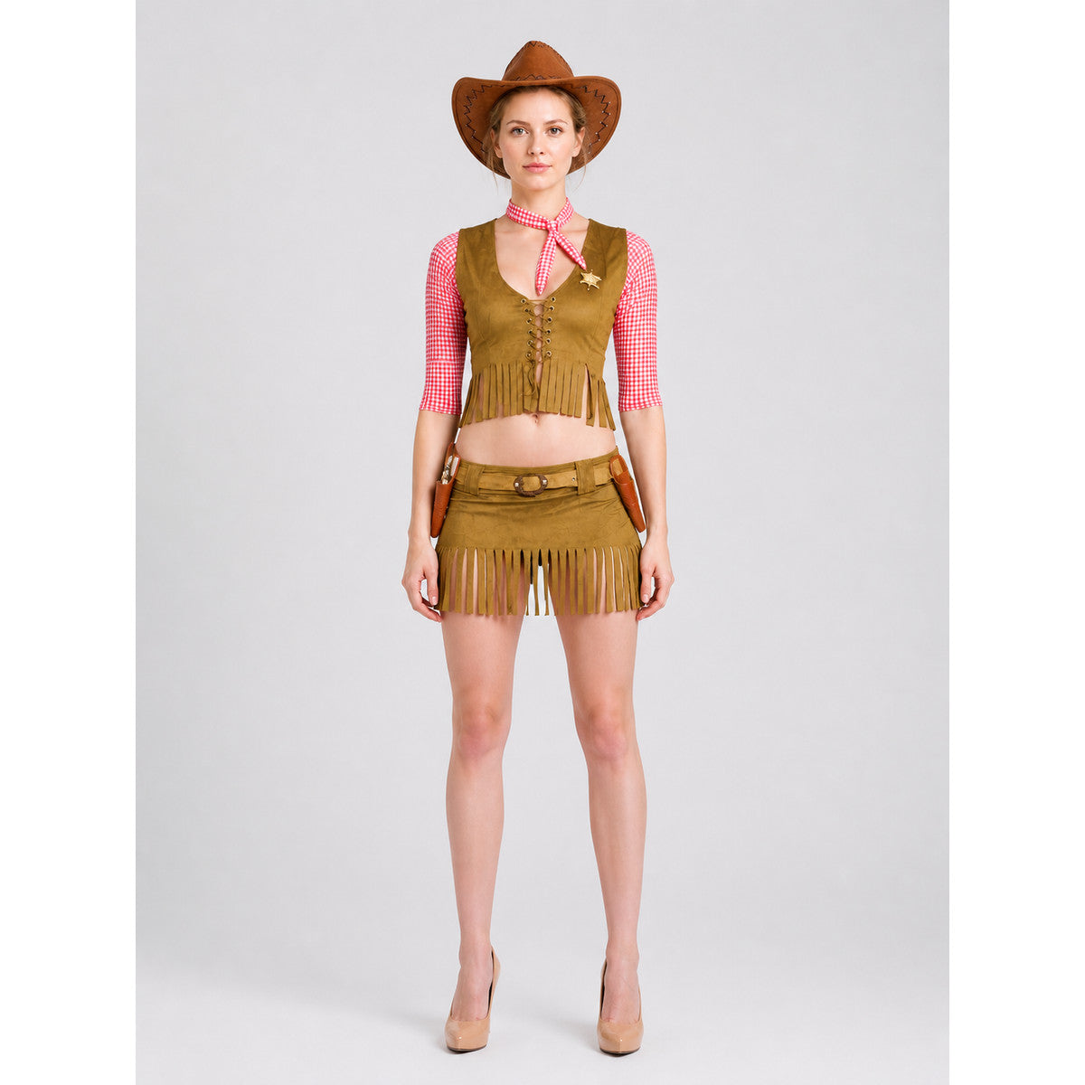 Cowboy Stage Costume with Fringe and Holsters on-model view