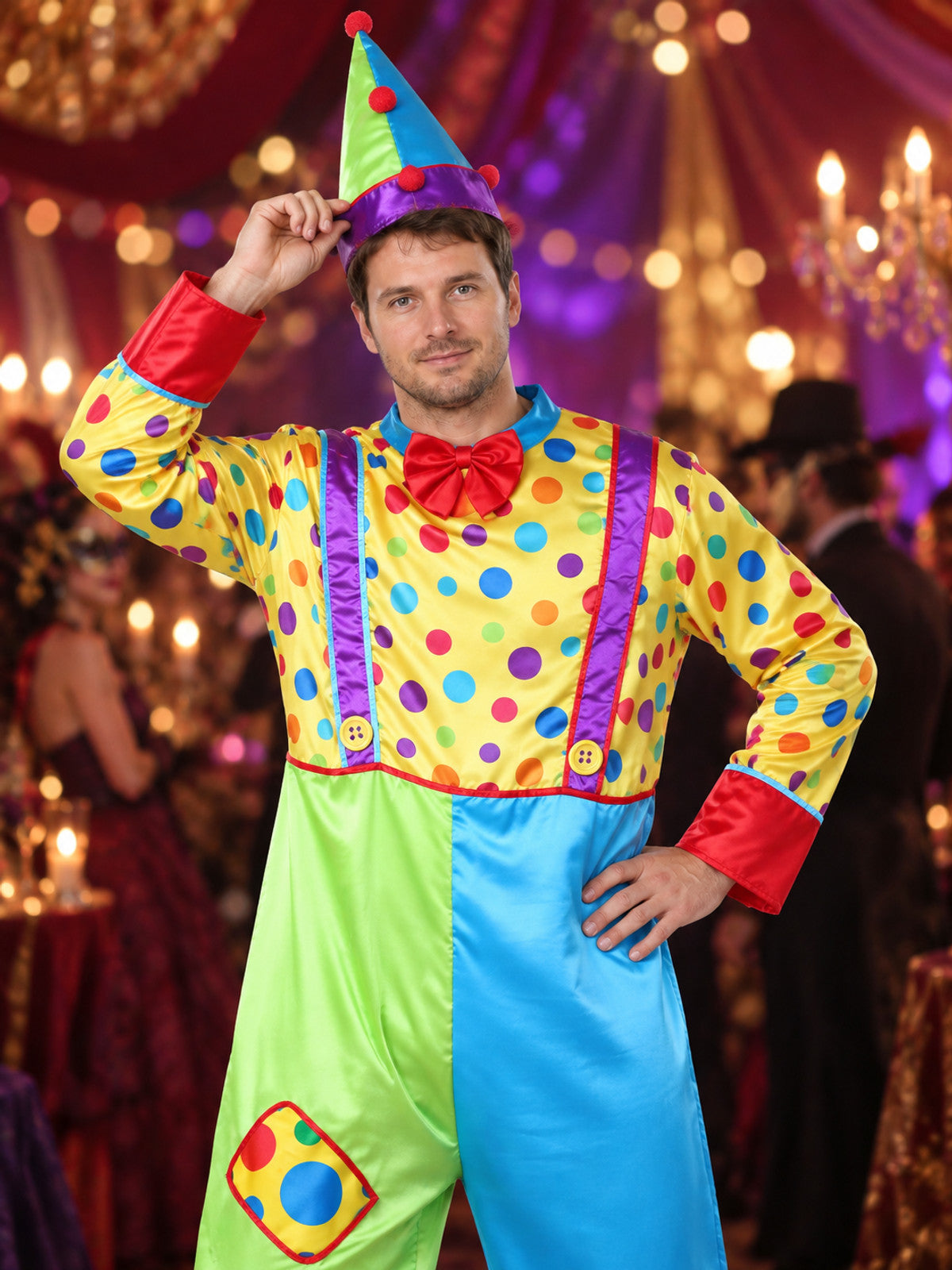 Adult Clown Costume: Jumpsuit, Hat, Polka Dots
