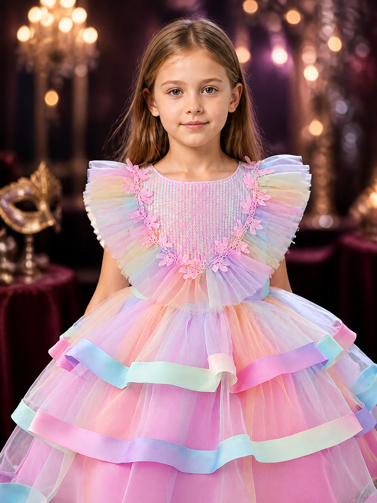 Baby Girls' Rainbow Tulle Princess Dress With Layered Skirt, Sequins And Lace on-model view