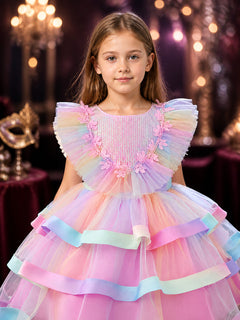 Baby Girls' Rainbow Tulle Princess Dress With Layered Skirt, Sequins And Lace