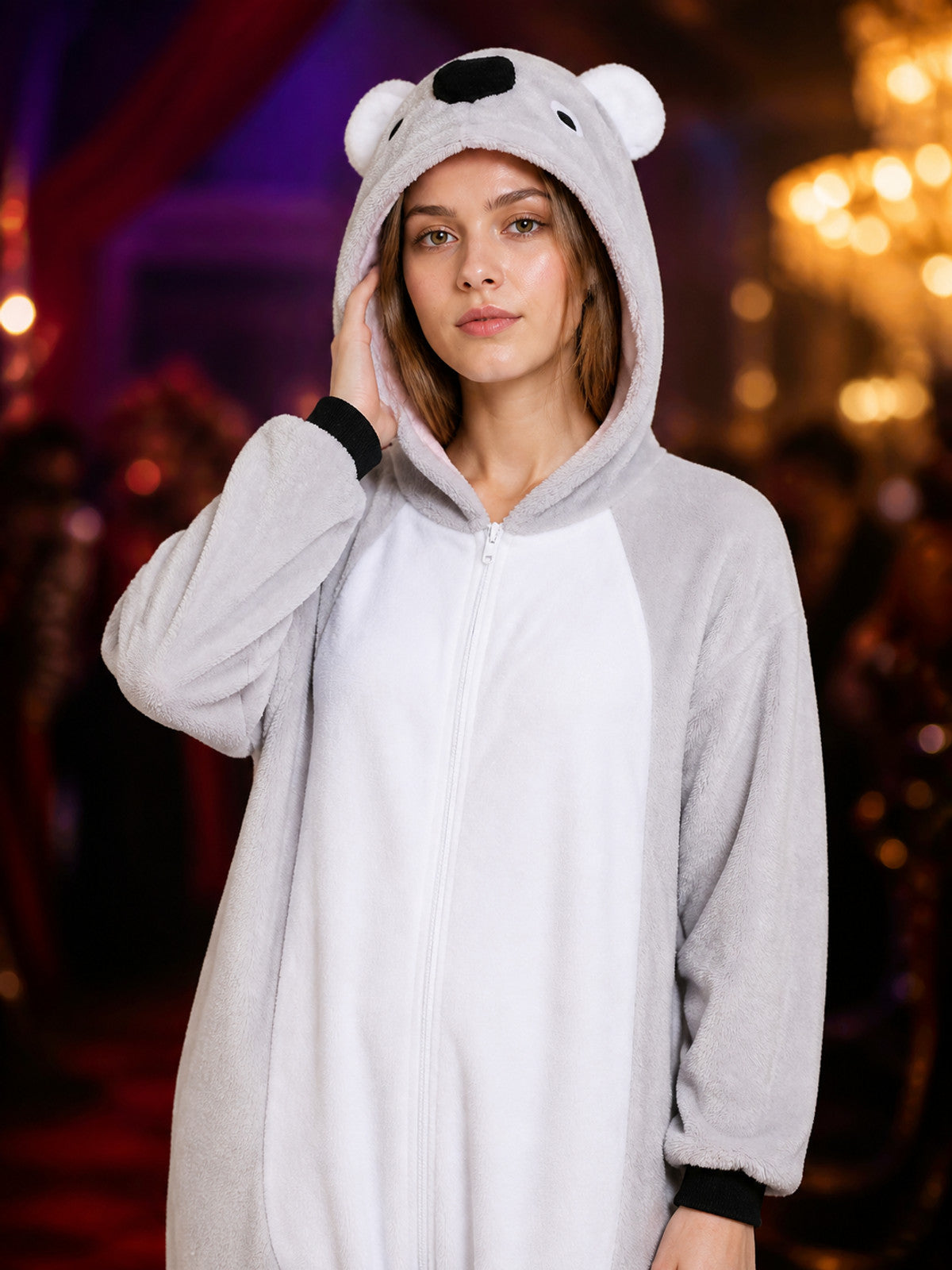 Koala Animal Hooded Jumpsuit Costume, Long-Sleeve One-Piece Outfit on-model view