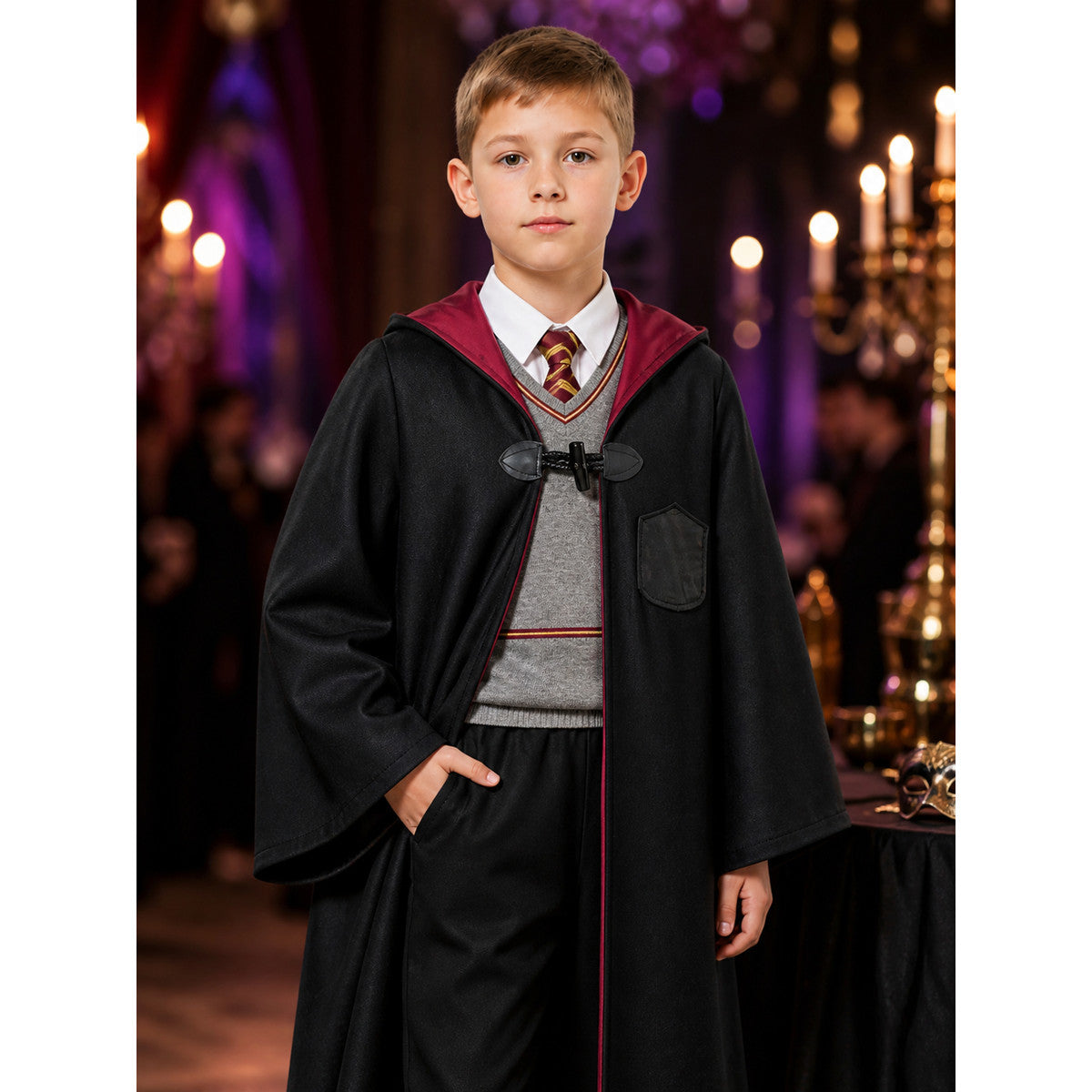 Kids Hooded Wizard Robe Costume Set, 3-Piece Halloween School-Themed Outfit