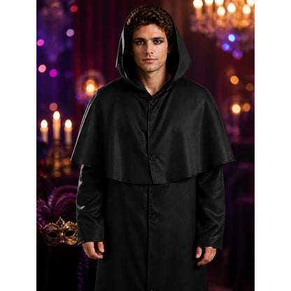 Adult Wizard Hooded Robe Costume, Black Long Cape Style Cosplay Outfit on-model view