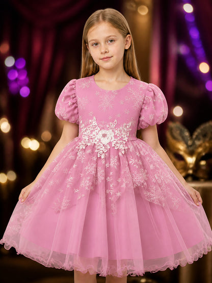 Girls' Snowflake Princess Dress, Puff Sleeves, Layered Tulle Skirt on-model view