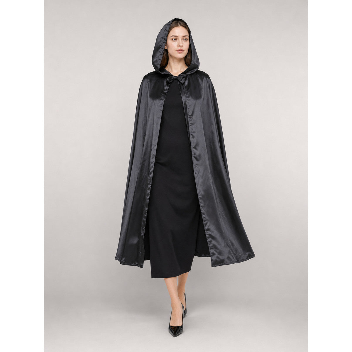 Black Costume Cloak with Large Hood front view