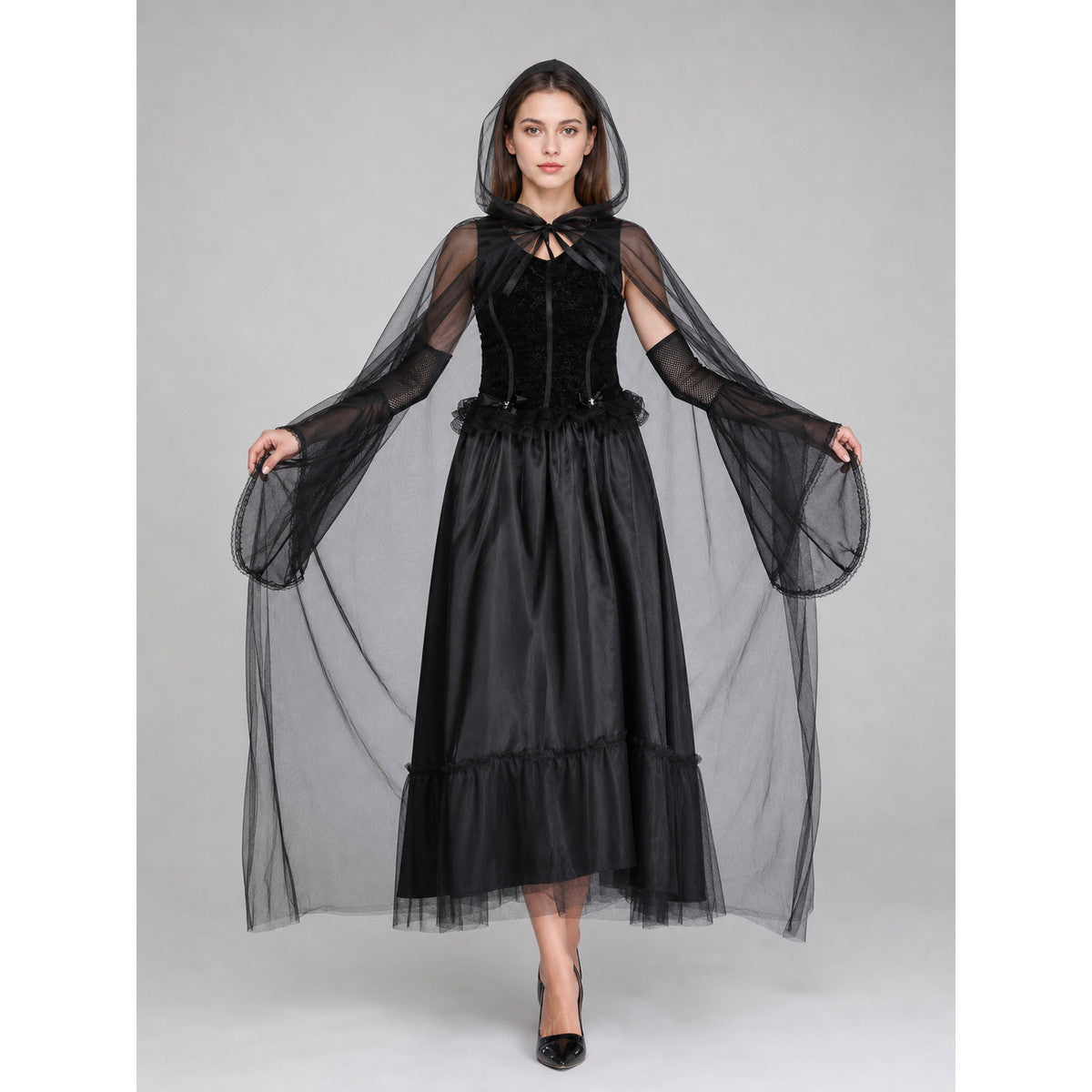 Gothic Carnival Dress with Hooded Cape