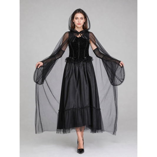 Black Long Dress with Cape for Halloween on-model view