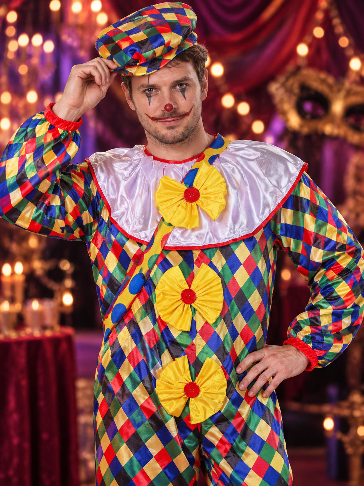 Adult Clown Costume, Colorful Jumpsuit, Hat