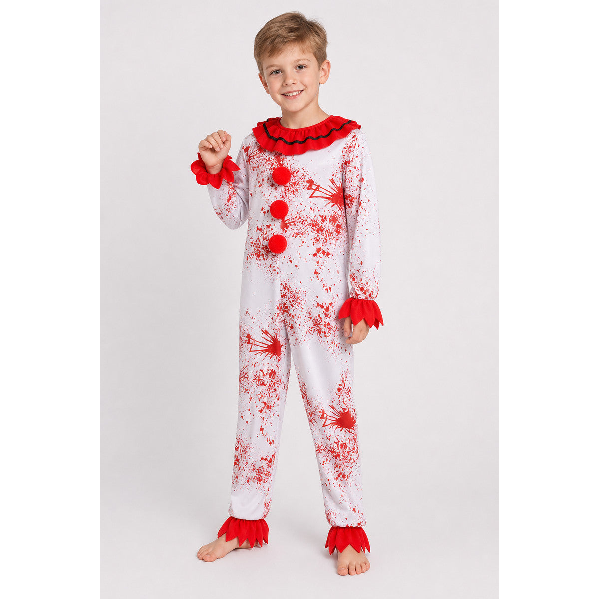 Clown Costume Jumpsuit with Red Accents on-model view