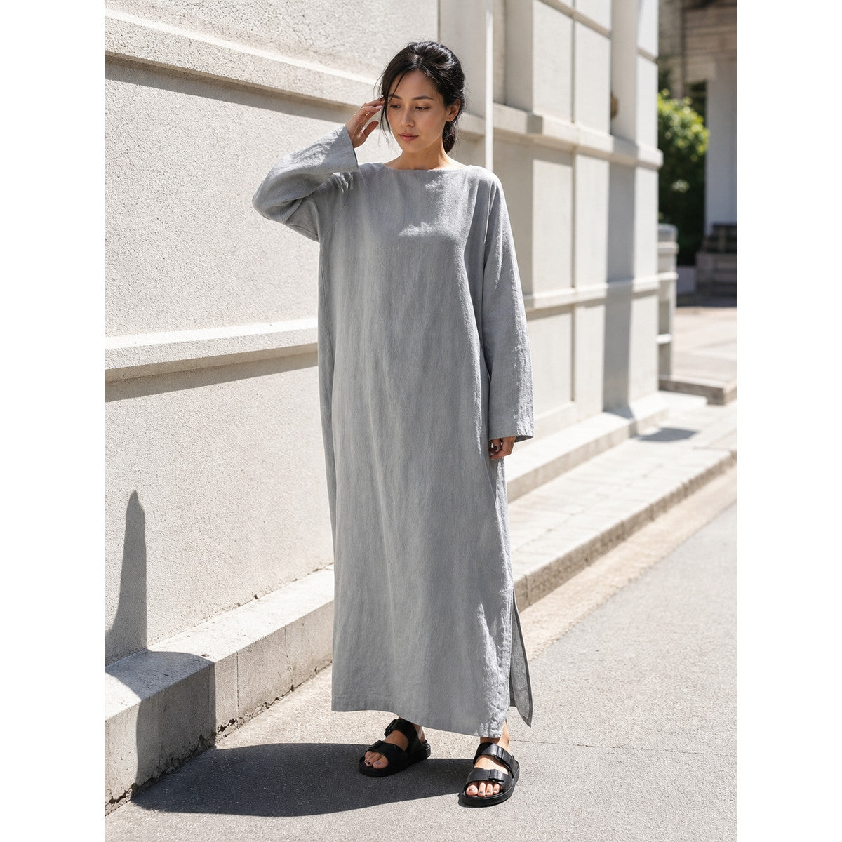 Long loose straight-cut dress with long sleeves