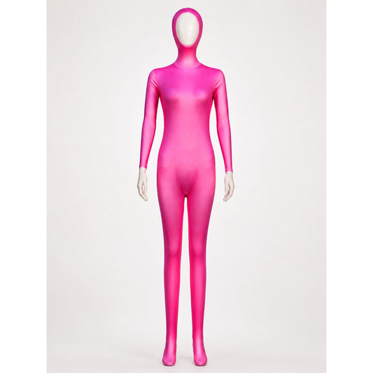 Women's Hot Pink Zentai Bodysuit Costume with Hood, Gloves and Socks - Full Body on-model view