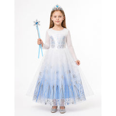 Girls' Halloween Frozen Elsa Snow Princess Costume – White & Blue Tulle Dress with Cape, Crown and Wand